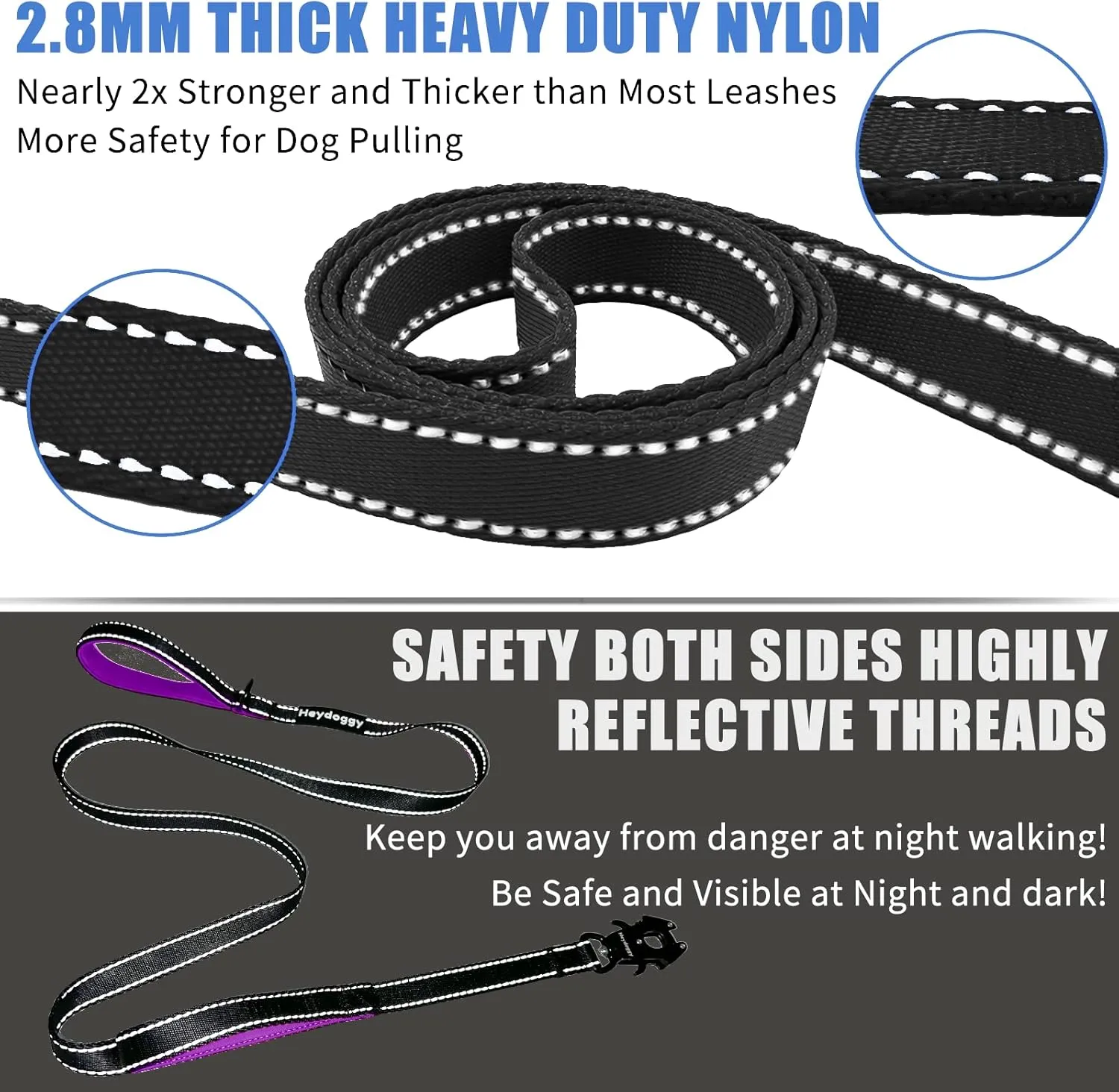 Strong Heavy Duty Dog Leash - 5ft Reflective Nylon Training Leash with Soft Padded Double Handle & Auto Lock Frog Clip - Safety Traffic Control for Large Medium Small Dog No Pull Walk Black Purple,5ft