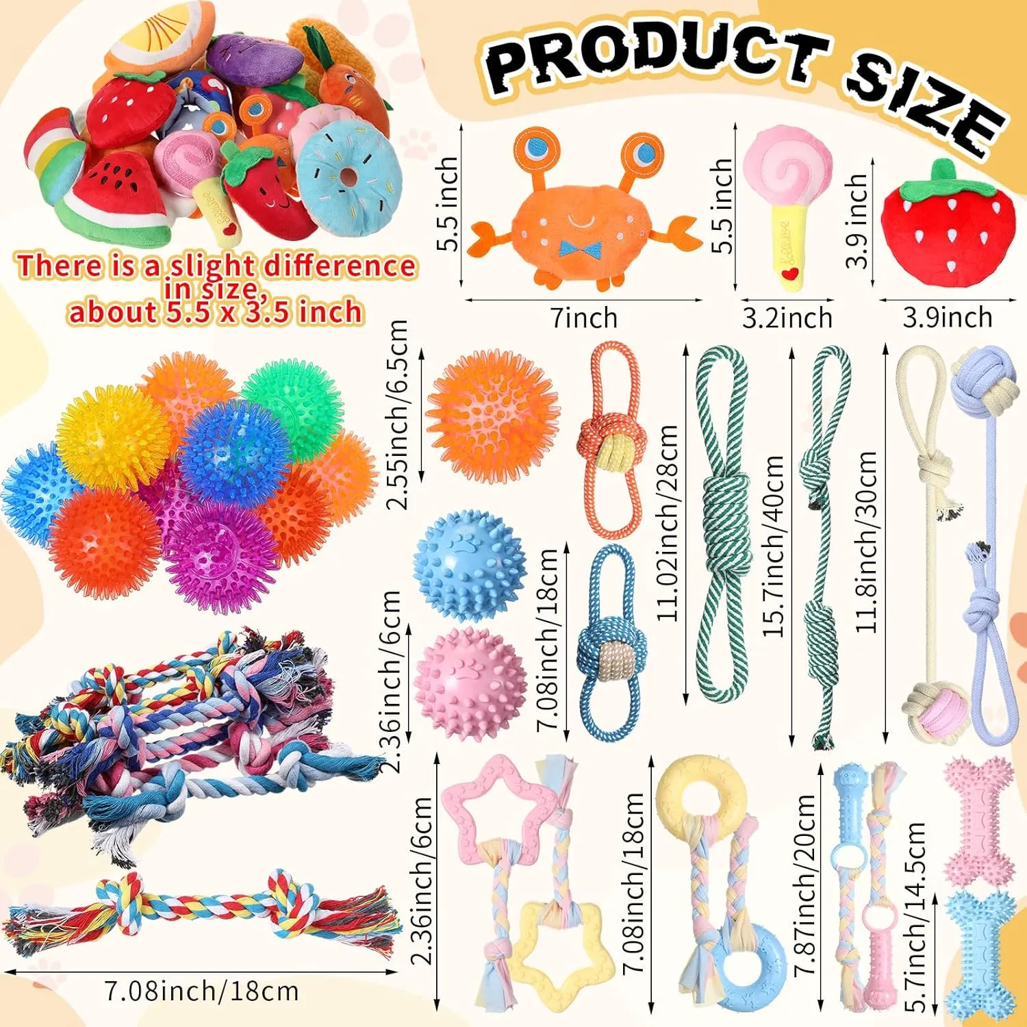 Syhood 60 Pcs Squeaky Dog Toys Bulk Stuffed Plush Chew Puppy Teething Rope Cute Spiky Chew Ball for Small Dog Pet Teething(Cute Style)