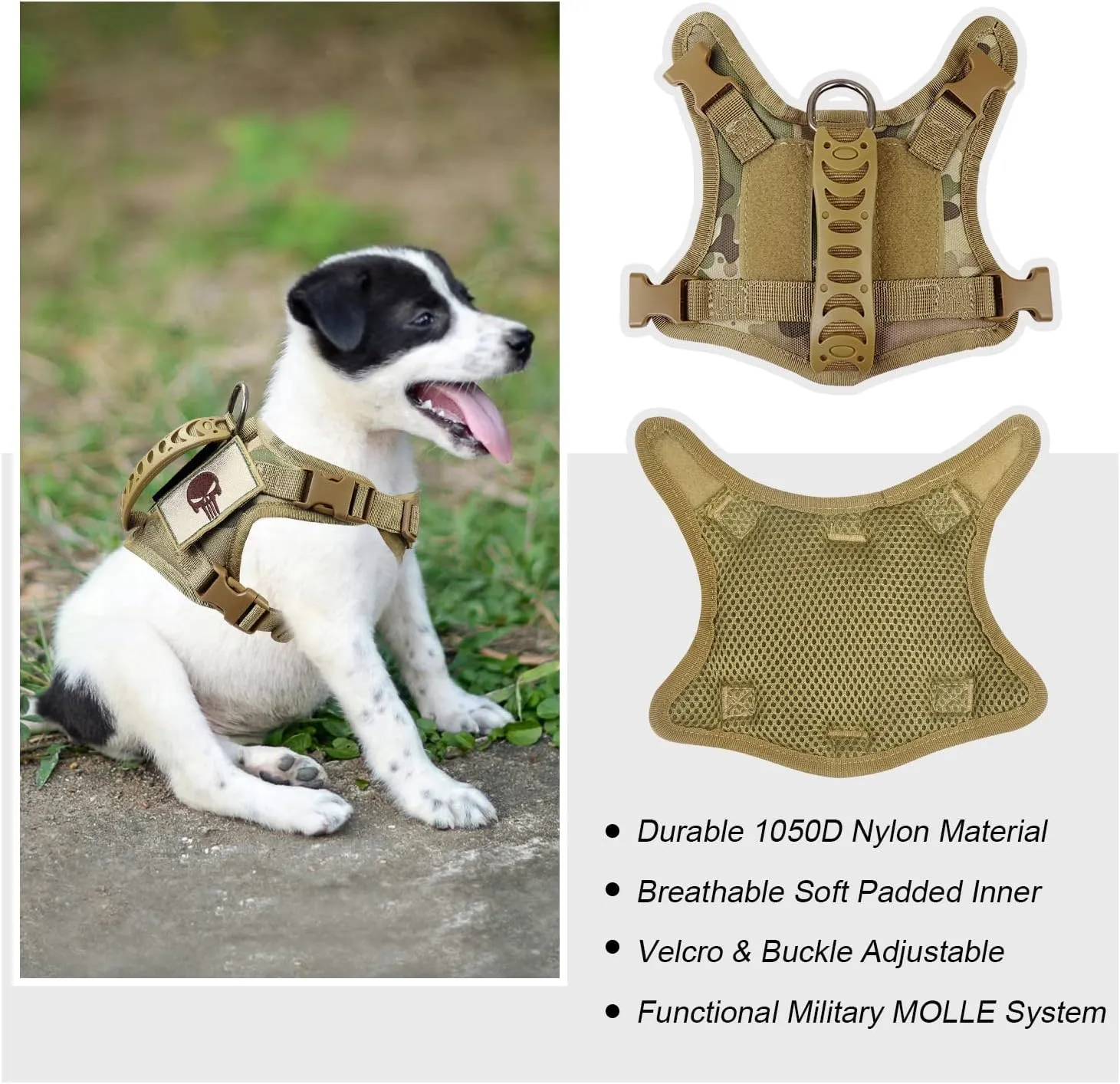 Tactical Dog Training Harness Outdoor Working Vest Adjustable Military MOLLE Dog Vest Harness with Rubber Handle (X-Small (Pack of 1), Beige)