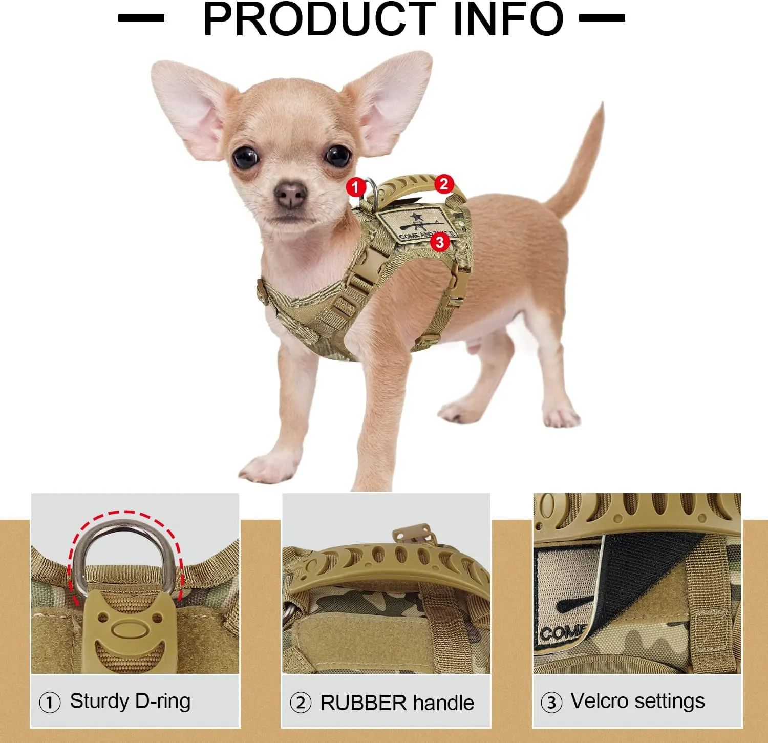 Tactical Dog Training Harness Outdoor Working Vest Adjustable Military MOLLE Dog Vest Harness with Rubber Handle (X-Small (Pack of 1), Beige)