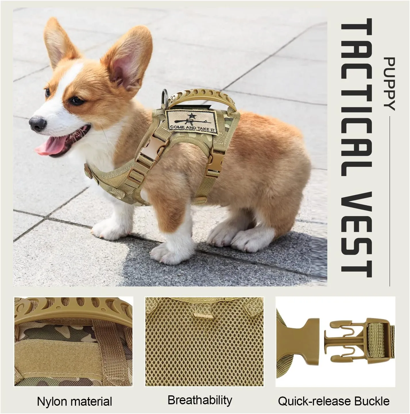 Tactical Dog Training Harness Outdoor Working Vest Adjustable Military MOLLE Dog Vest Harness with Rubber Handle (X-Small (Pack of 1), Beige)