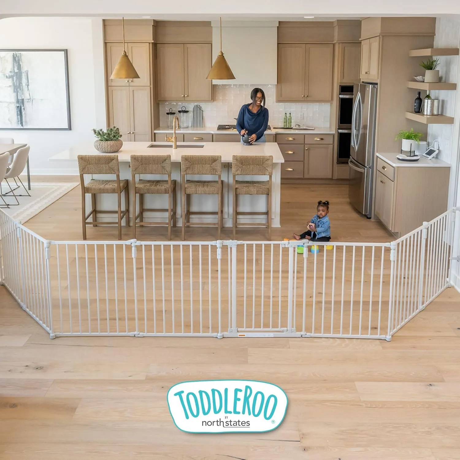 Toddleroo by North States 3 in 1 Metal Superyard 8 Panel Play Yard, Baby Gate, Playpen or Extra Wide Baby Fence, 199" Wide. Wall Mount Kit Included. 19 sq ft play yard (30" tall, Taupe)
