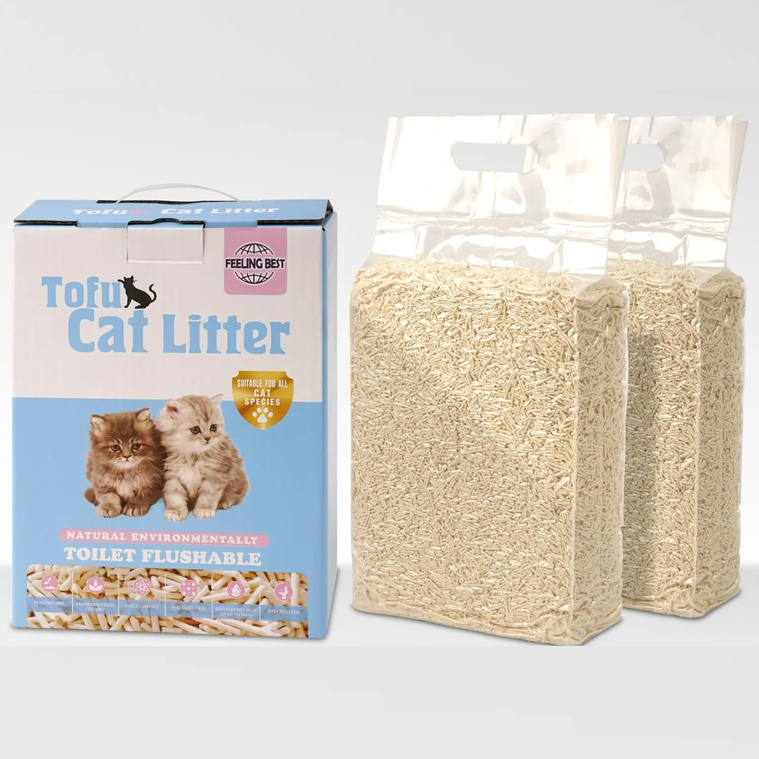 Tofu Cat Litter 11.2LB(5.6lb2bag) Clumping, 100% Natrual Raw Materials, Clumping,Flushable,Ultra Absorbent and Fast Drying,Solubility in Water,Really Dust-Free,Less Scattering