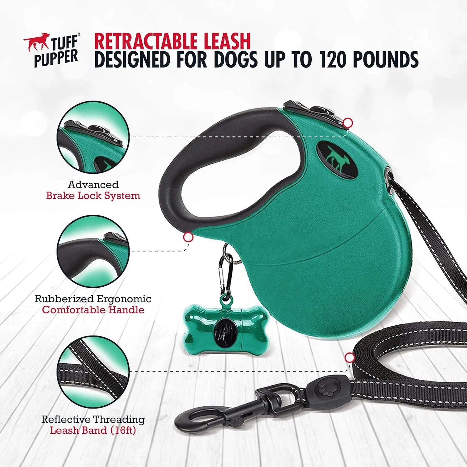 Tuff Pupper Heavy Duty Retractable Dog Leash | 16 ft Dog Leash with Reflective Stitching for Nighttime Safety | One Button Lock and Release | Comfortable Hand Grip | for Dogs Up to 120 lbs