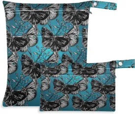 visesunny Vintag Black White Butterfly Flower 2Pcs Wet Bag with Zippered Pockets Washable Reusable Roomy for Travel,Beach,Pool,Daycare,Stroller,Diapers,Dirty Gym Clothes, Wet Swimsuits, Toiletries