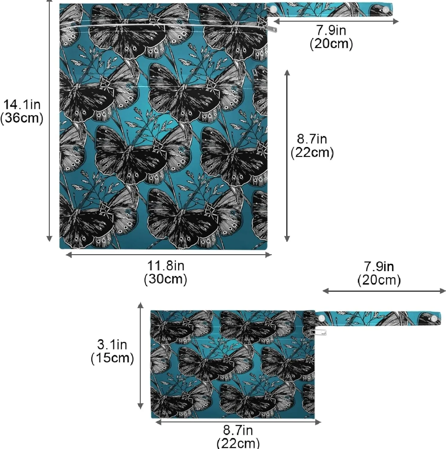 visesunny Vintag Black White Butterfly Flower 2Pcs Wet Bag with Zippered Pockets Washable Reusable Roomy for Travel,Beach,Pool,Daycare,Stroller,Diapers,Dirty Gym Clothes, Wet Swimsuits, Toiletries