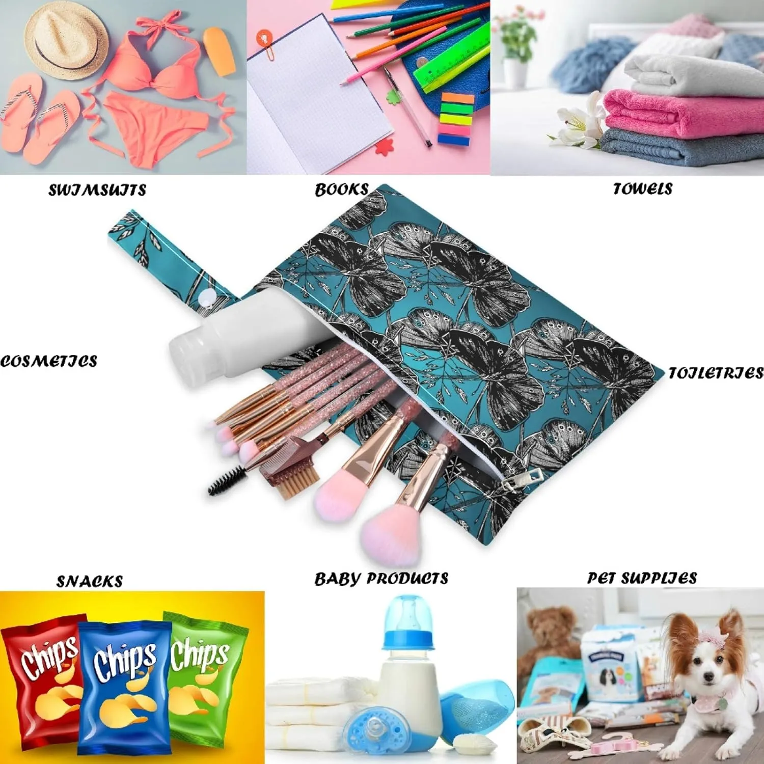 visesunny Vintag Black White Butterfly Flower 2Pcs Wet Bag with Zippered Pockets Washable Reusable Roomy for Travel,Beach,Pool,Daycare,Stroller,Diapers,Dirty Gym Clothes, Wet Swimsuits, Toiletries