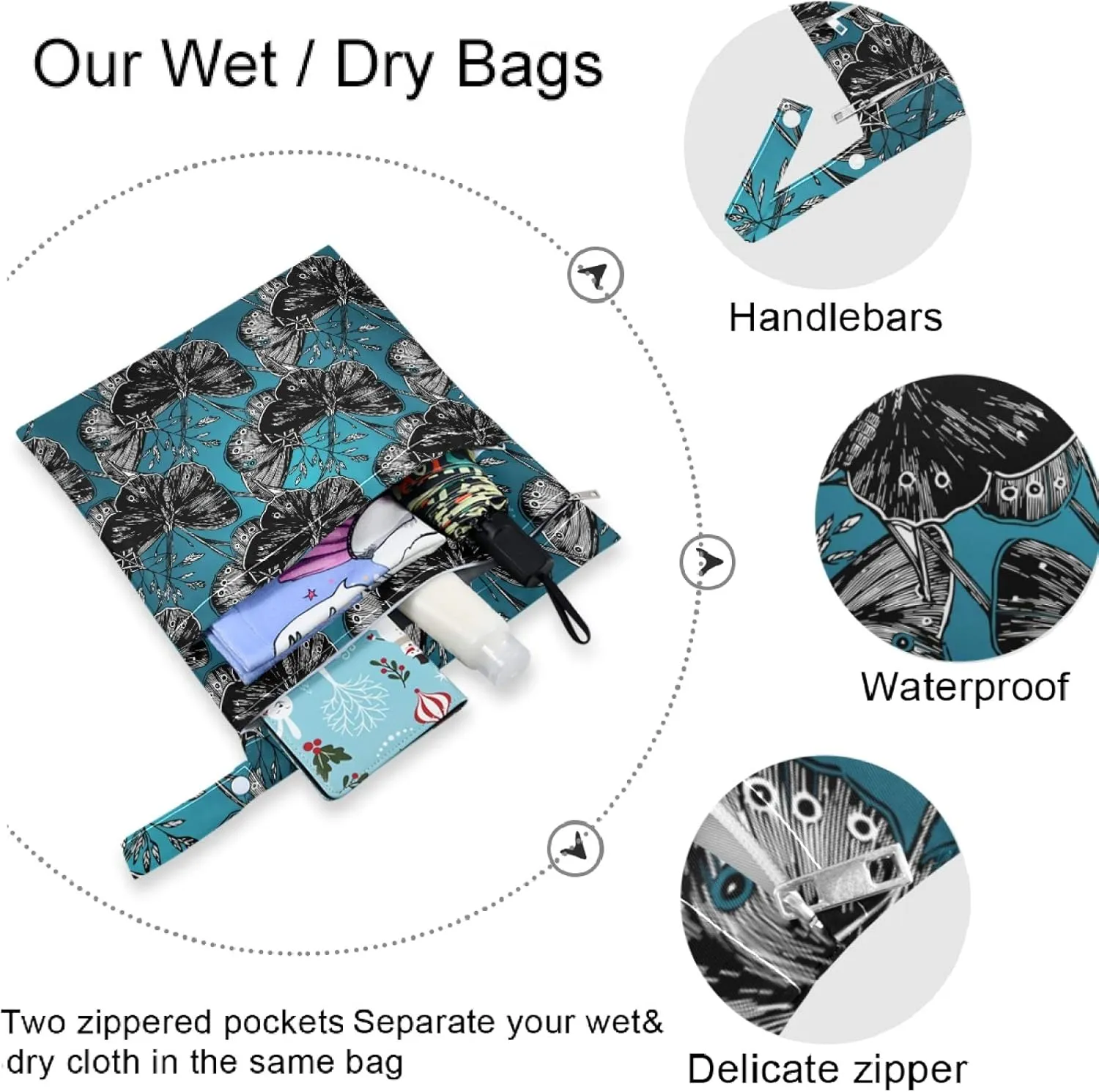 visesunny Vintag Black White Butterfly Flower 2Pcs Wet Bag with Zippered Pockets Washable Reusable Roomy for Travel,Beach,Pool,Daycare,Stroller,Diapers,Dirty Gym Clothes, Wet Swimsuits, Toiletries