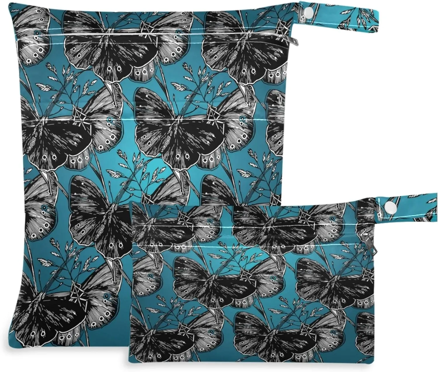 visesunny Vintag Black White Butterfly Flower 2Pcs Wet Bag with Zippered Pockets Washable Reusable Roomy for Travel,Beach,Pool,Daycare,Stroller,Diapers,Dirty Gym Clothes, Wet Swimsuits, Toiletries
